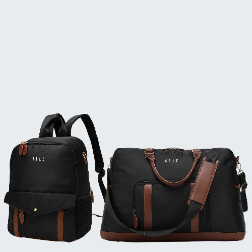 Black backpack and duffel bag with brown accents on a white background, featuring the brand 'ELLE'.