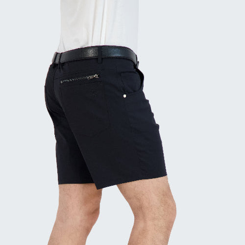 Person wearing black shorts with zippers on a white background