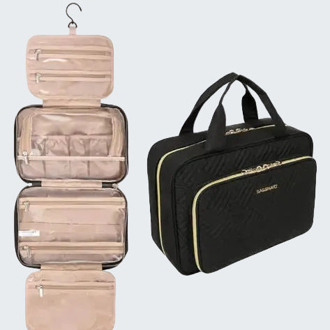 Two travel organizers, one beige hanging and one black with gold accents, on a white background.