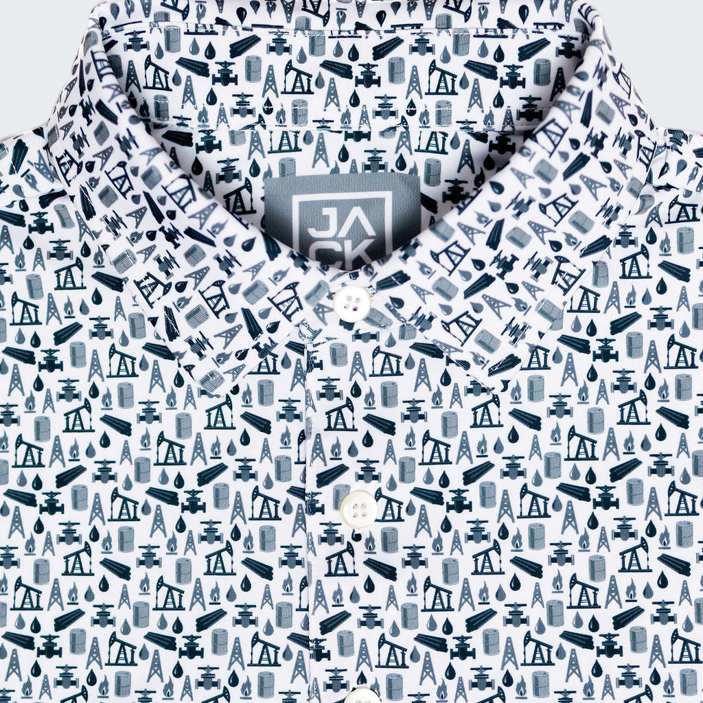 Patterned shirt with a visible brand logo on a white background