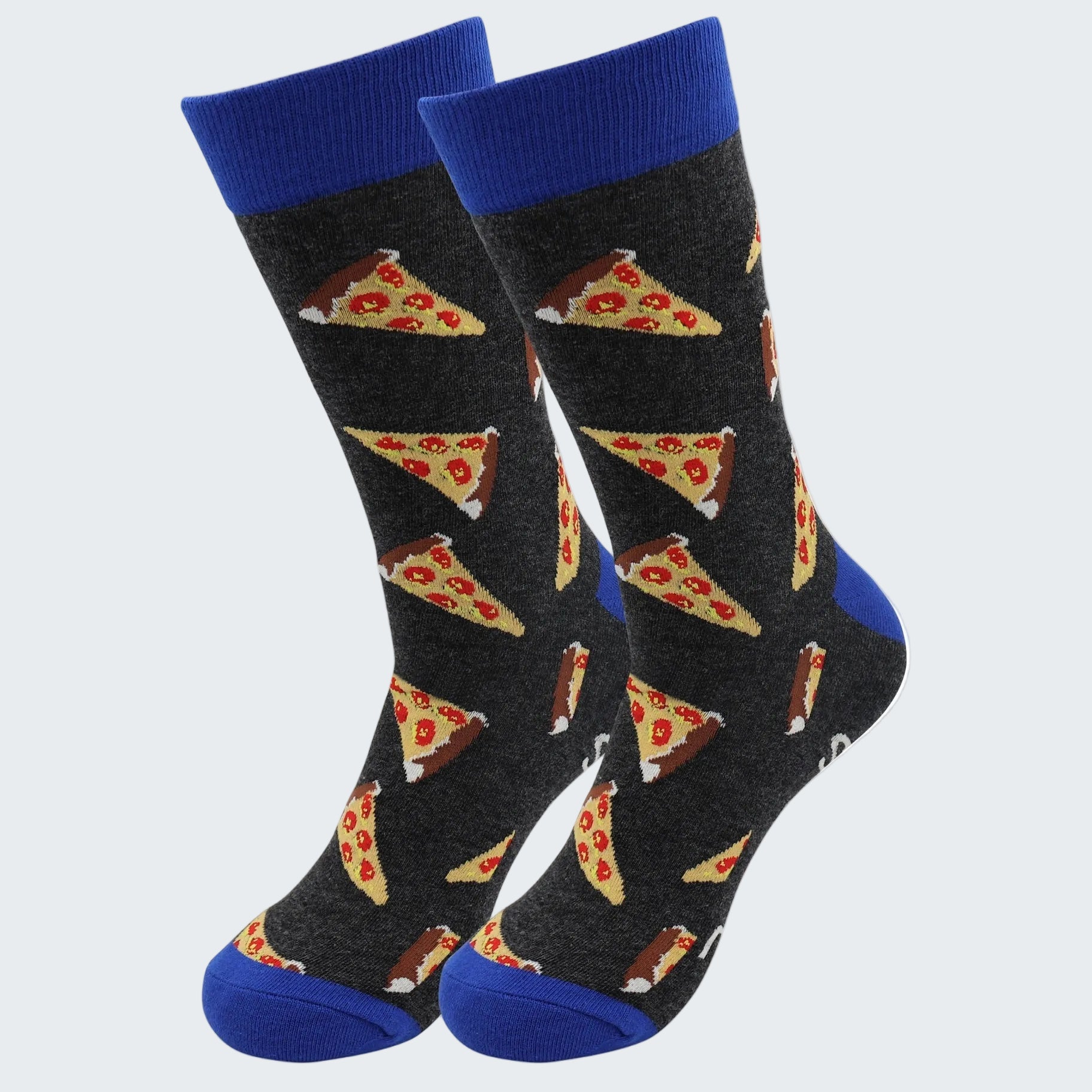 Pair of socks with pizza pattern on a white background