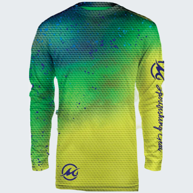 Long-sleeve shirt with gradient design transitioning from green to yellow, featuring a logo on the sleeve.