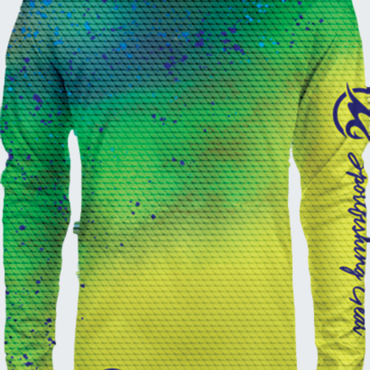 Long-sleeve shirt with gradient design transitioning from green to yellow, featuring a logo on the sleeve.