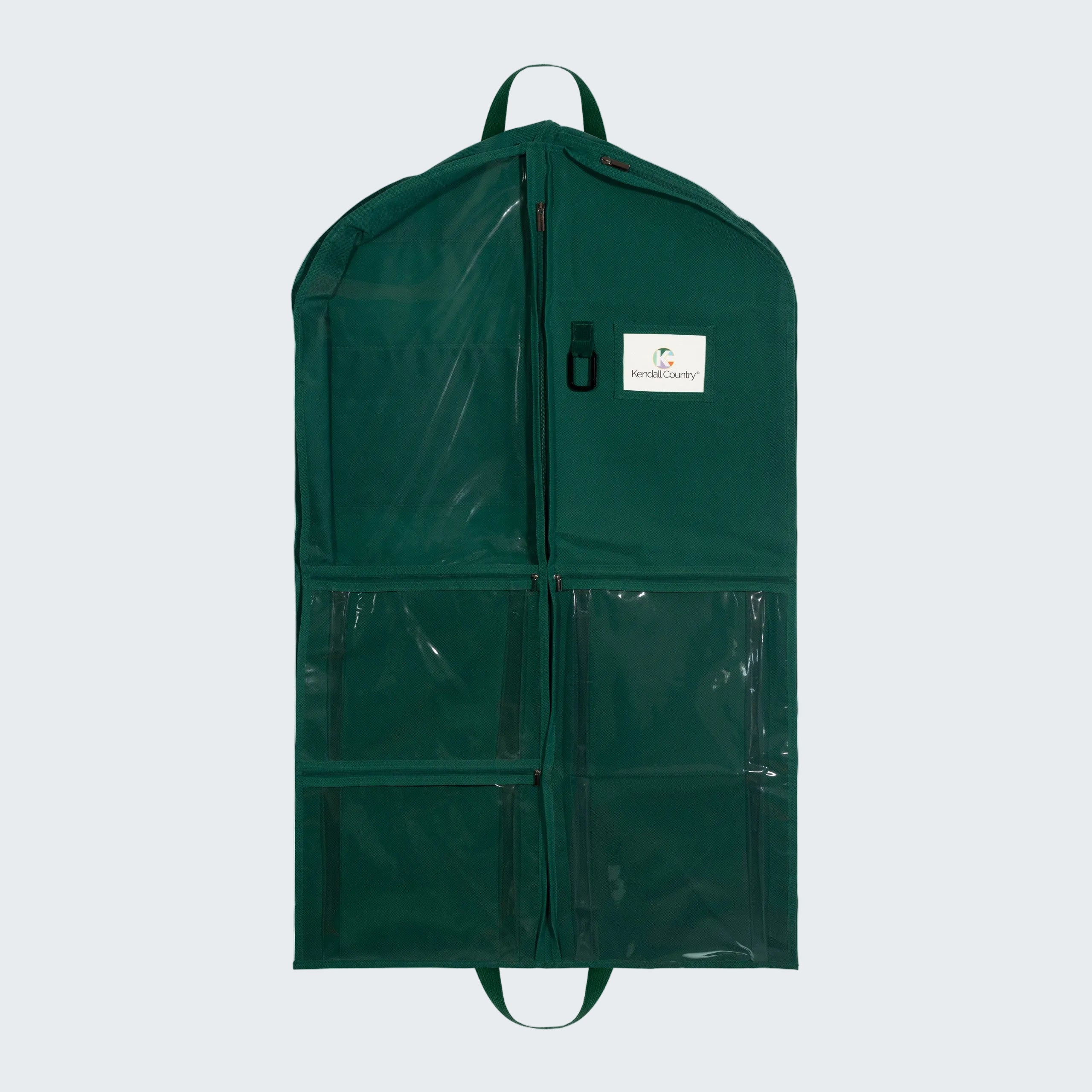 A dark green garment storage bag with a front zipper, clear plastic pockets, and a white brand label reading 'The Clothes Closet' on a plain white background.