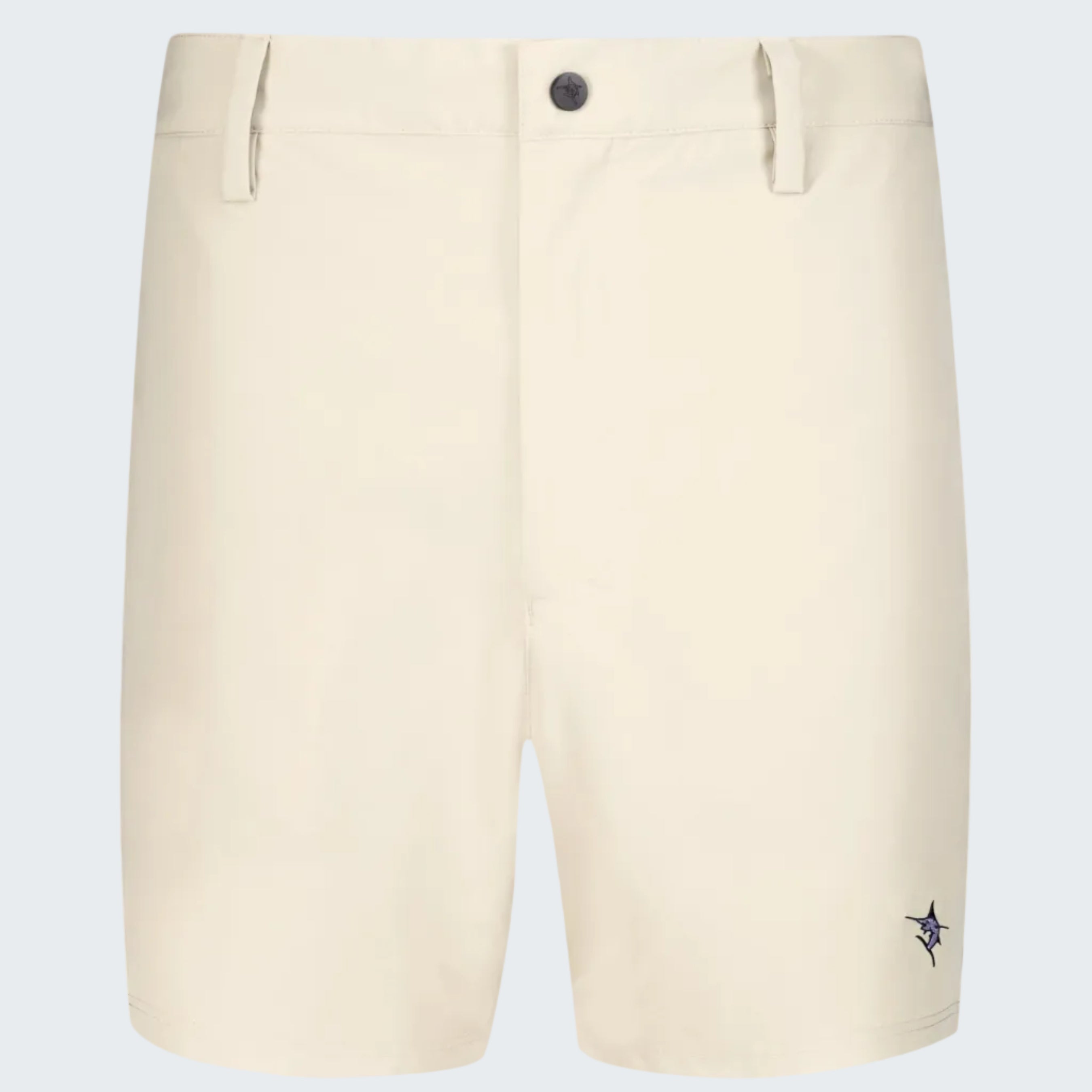 Beige shorts with a small logo on a white background