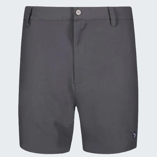 Gray shorts with a brand logo on a white background