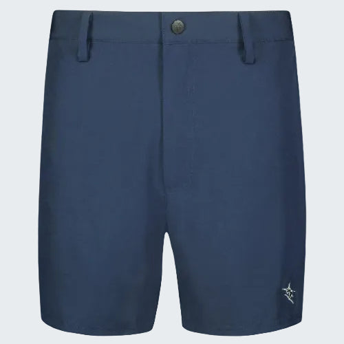 Navy blue shorts with a button on a white background