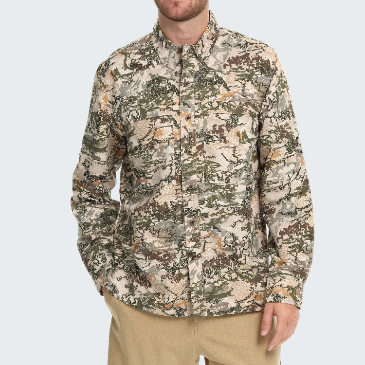 Camouflage shirt worn by a person on a white background