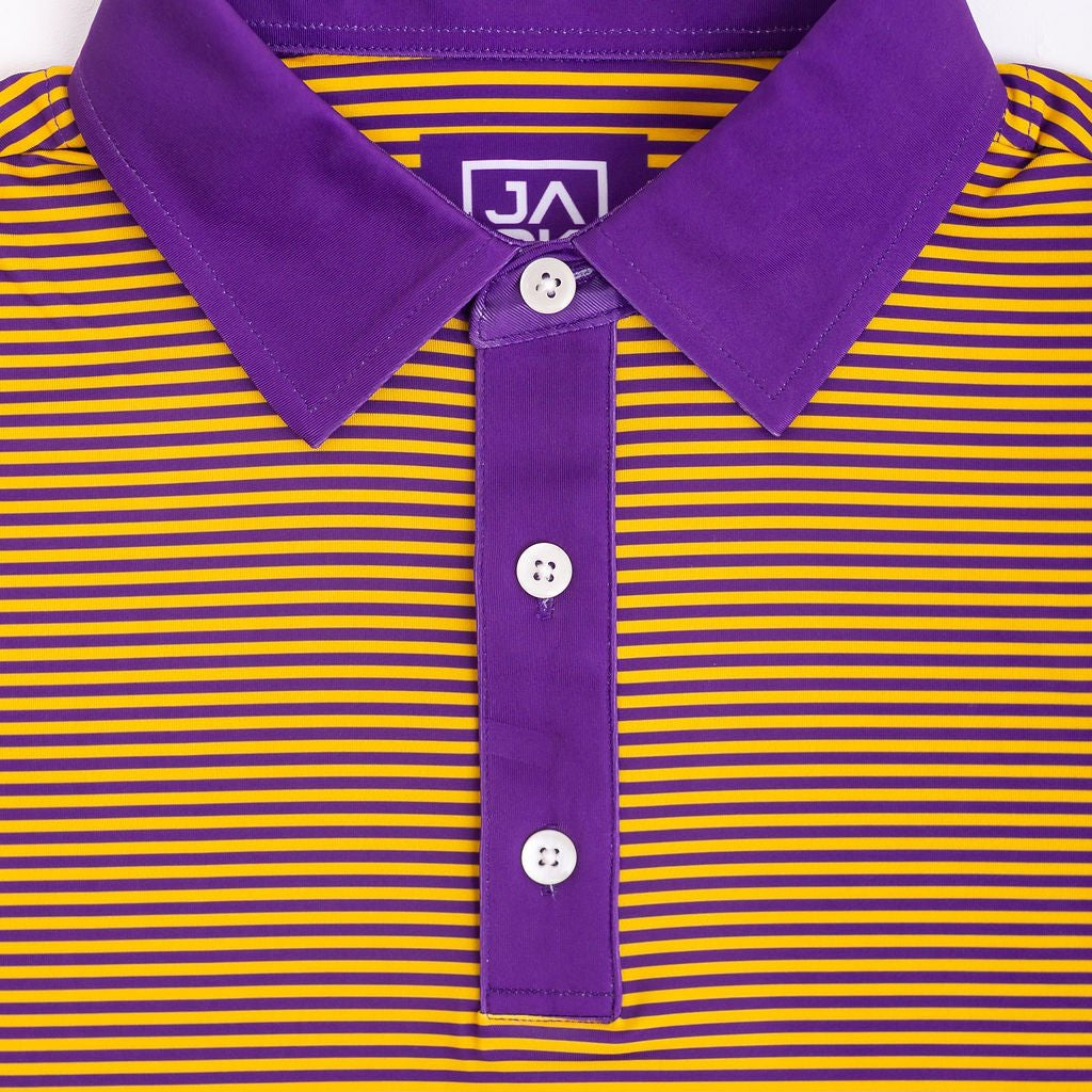 Purple and yellow striped polo shirt with a collar and buttons on a white background