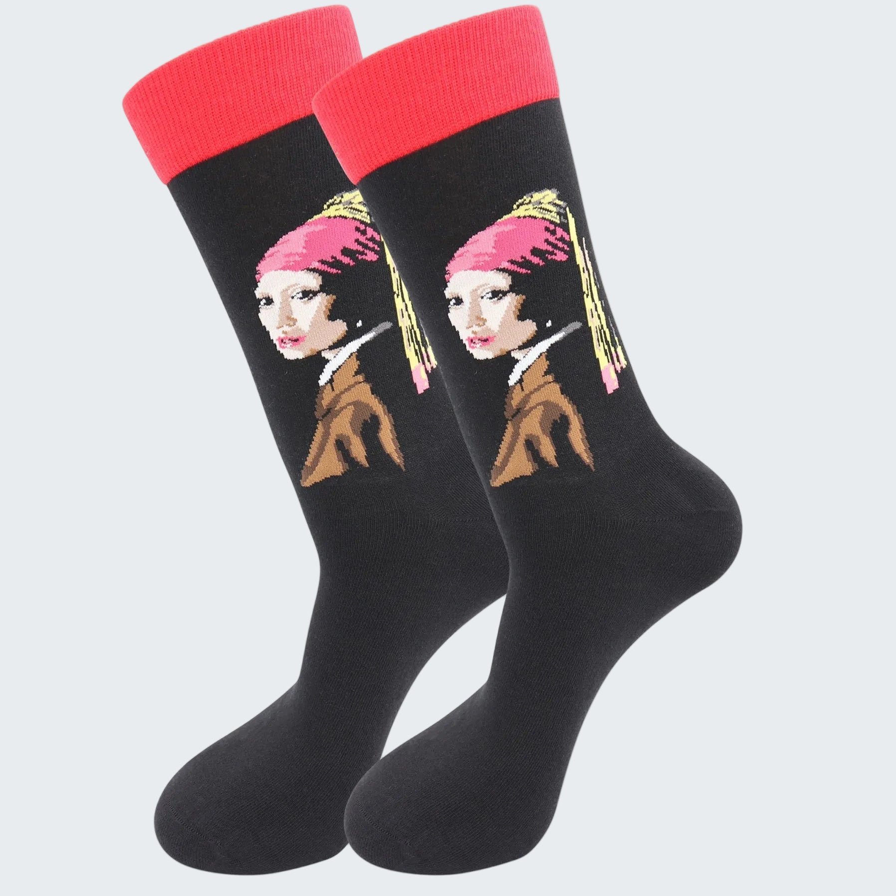 Black socks with a red top and a design of a woman with a pearl earring on a white background