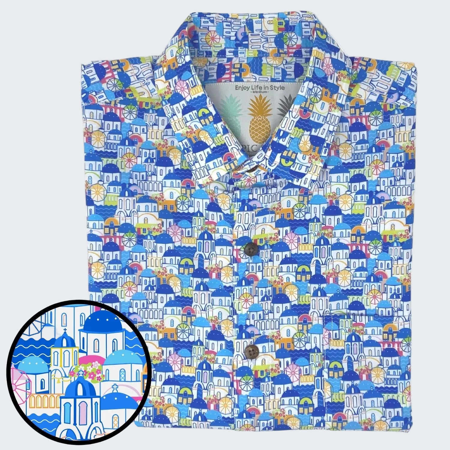 Colorful patterned shirt with a close-up inset showing architectural design details.