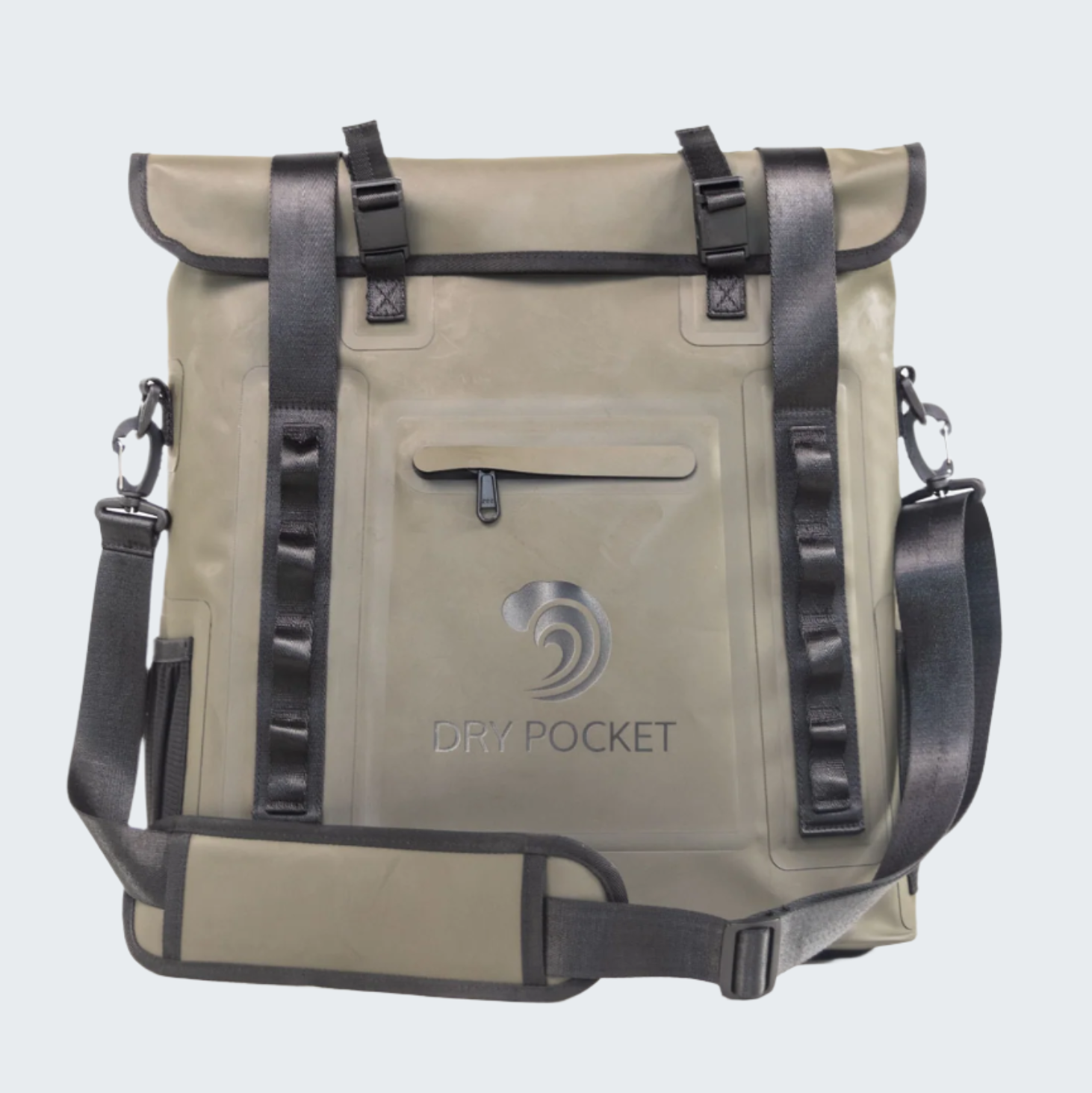 Beige roll-top bag with black straps and a visible brand logo on a white background