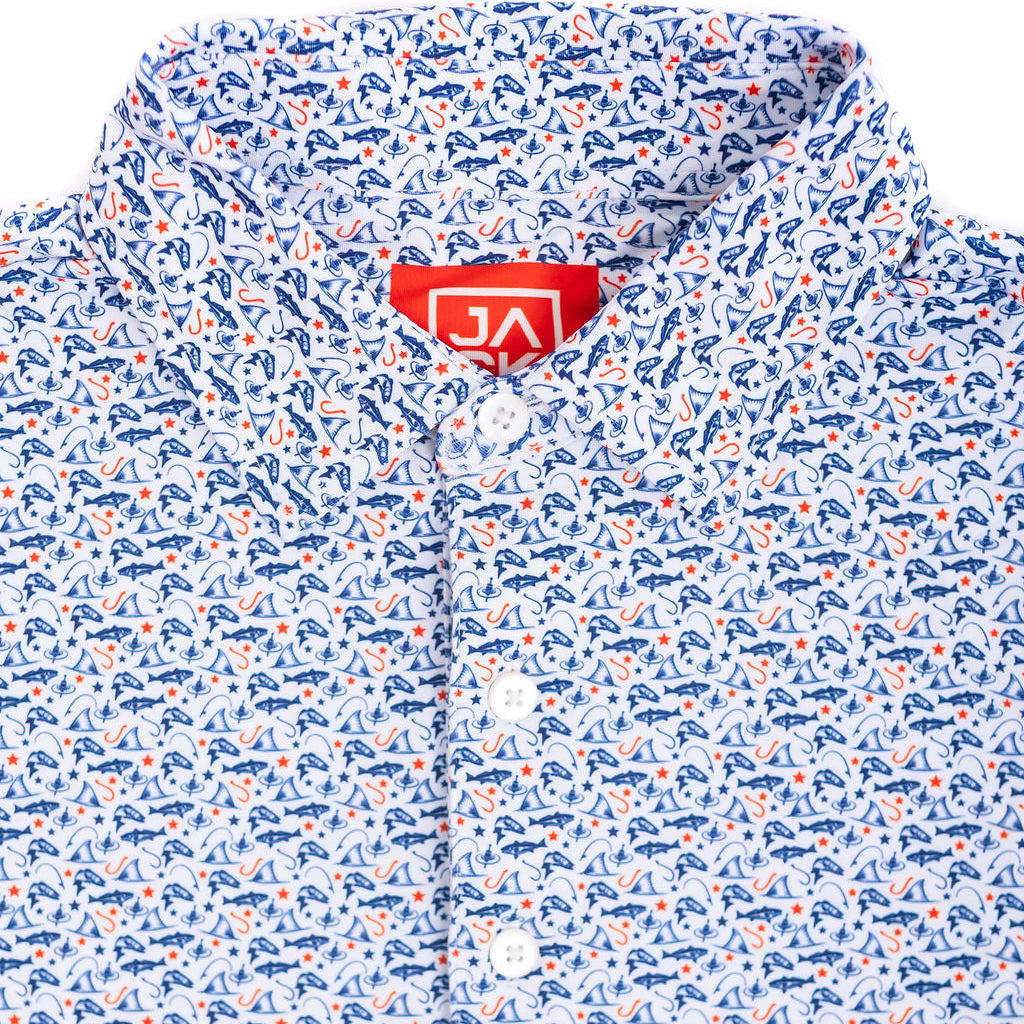 Floral patterned shirt with a brand logo on a white background