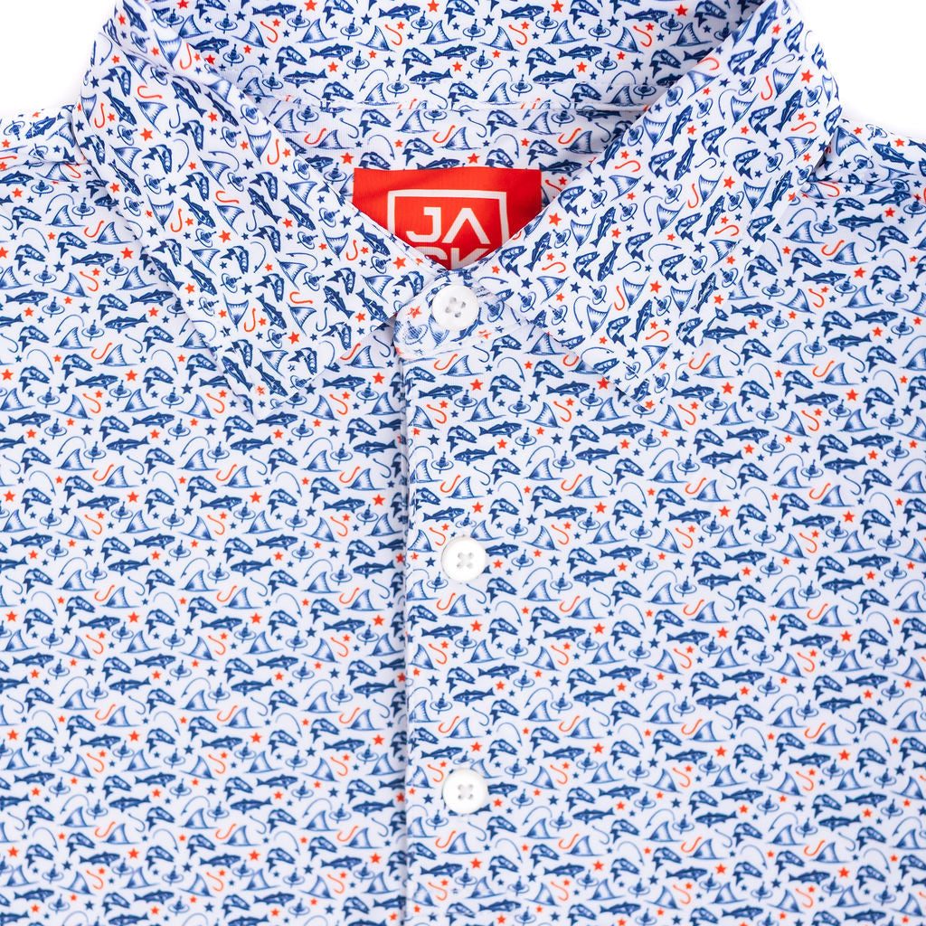 Floral patterned shirt with a brand logo on a white background