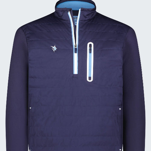 Navy blue pullover with a zipper on a white background