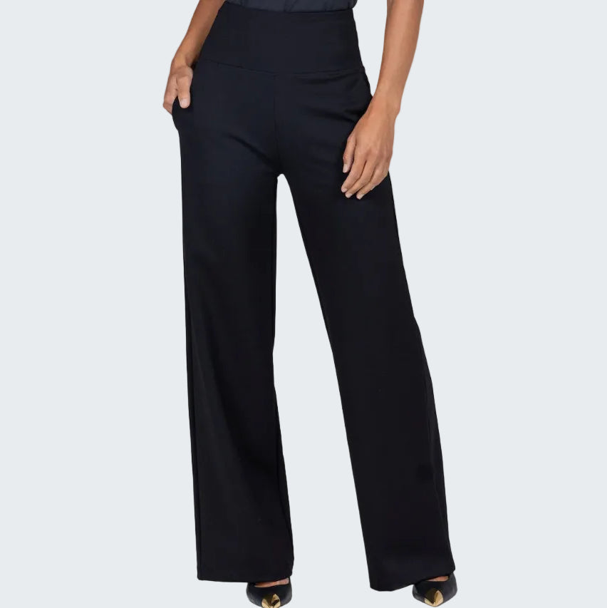 Black wide-leg pants worn by a person on a white background