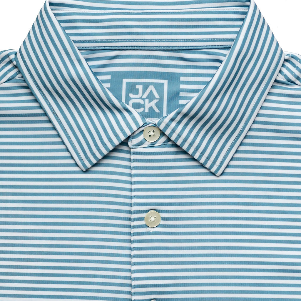 Close-up of a blue and white striped polo shirt with a brand logo on a white background