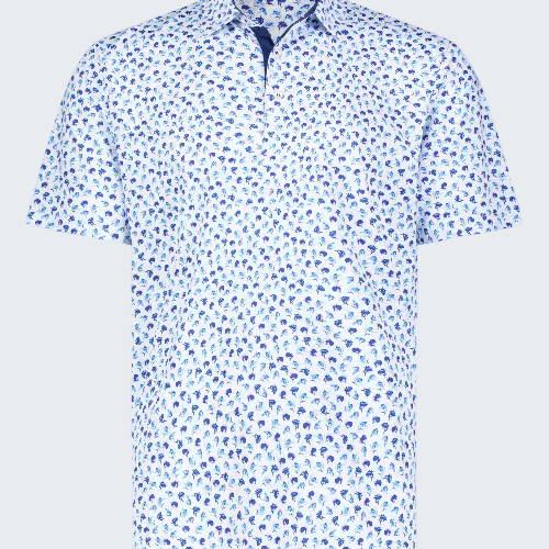 Blue and white patterned polo shirt on a white background