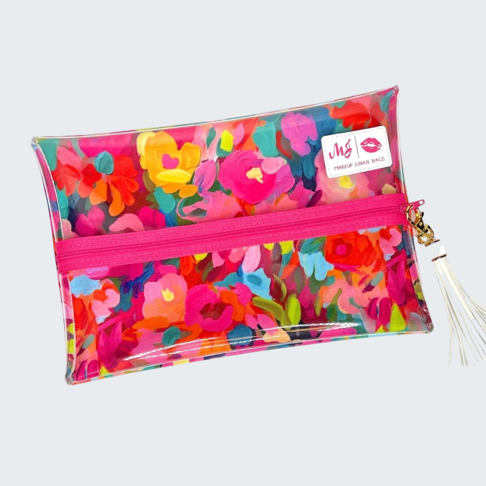 Colorful floral pouch with a pink zipper on a white background