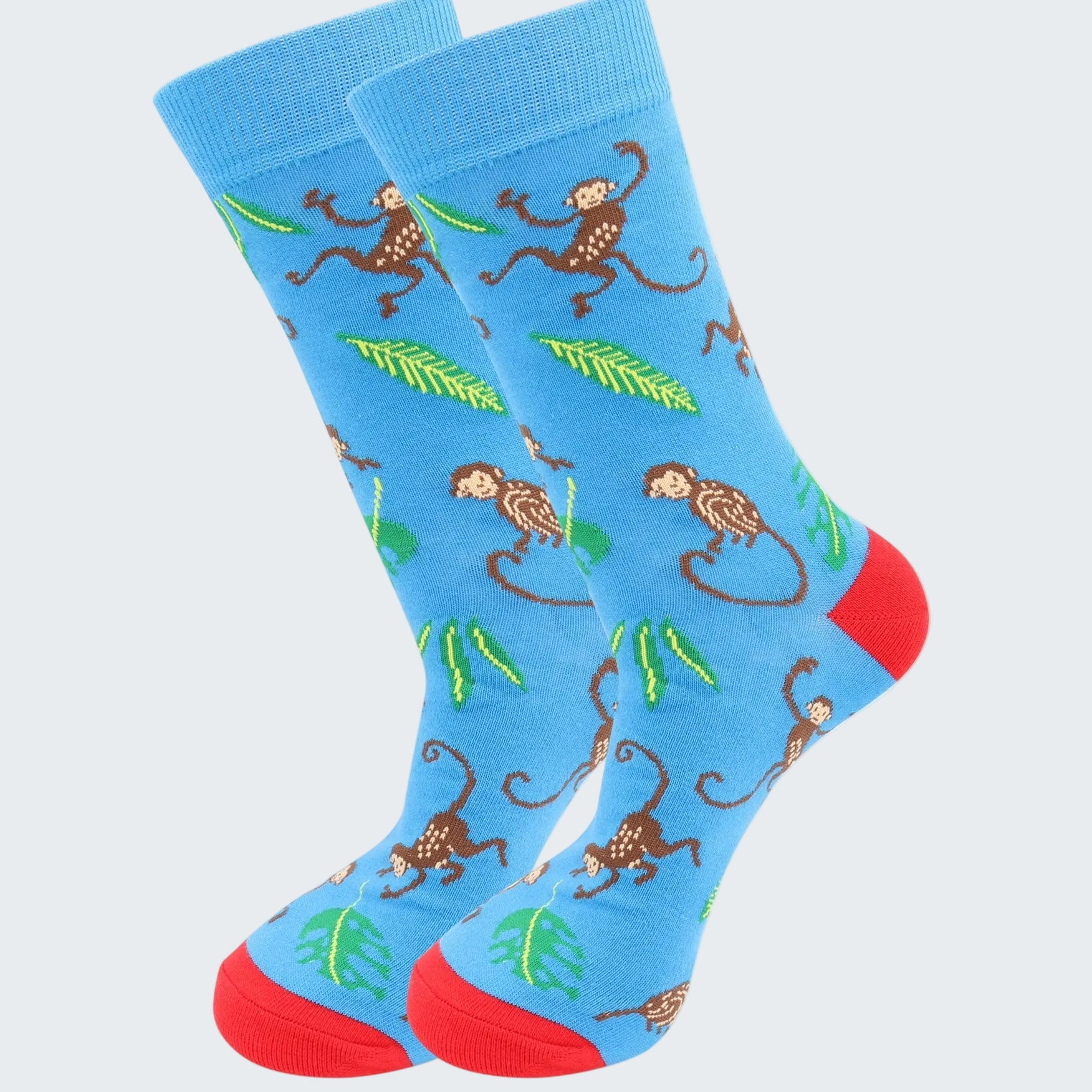Blue socks with monkey pattern and red toes on a white background
