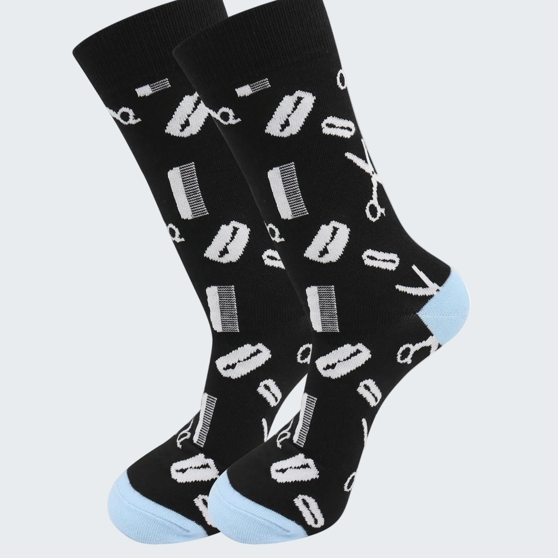 Black socks with white pattern on a white background