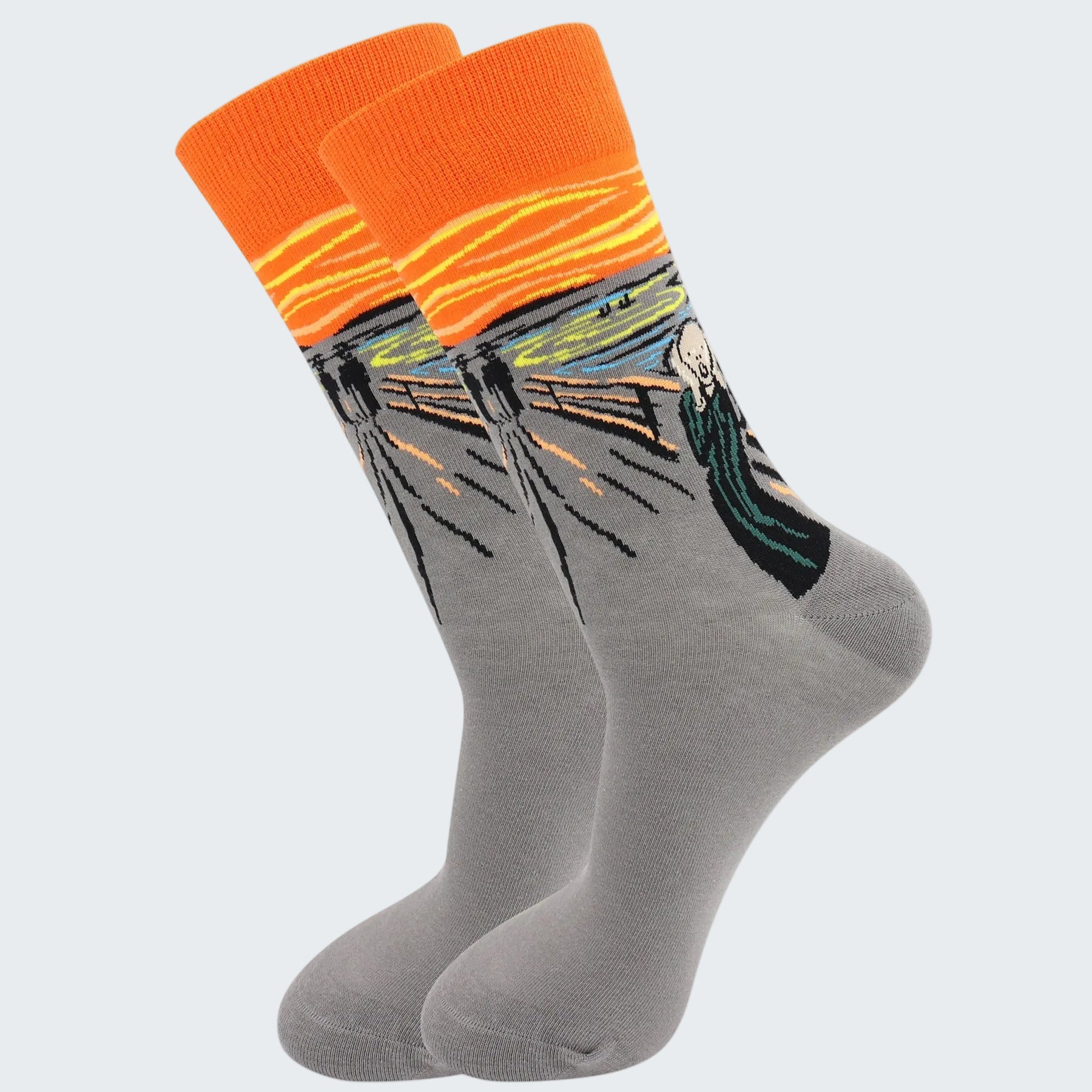Gray socks with orange and yellow accents on a white background