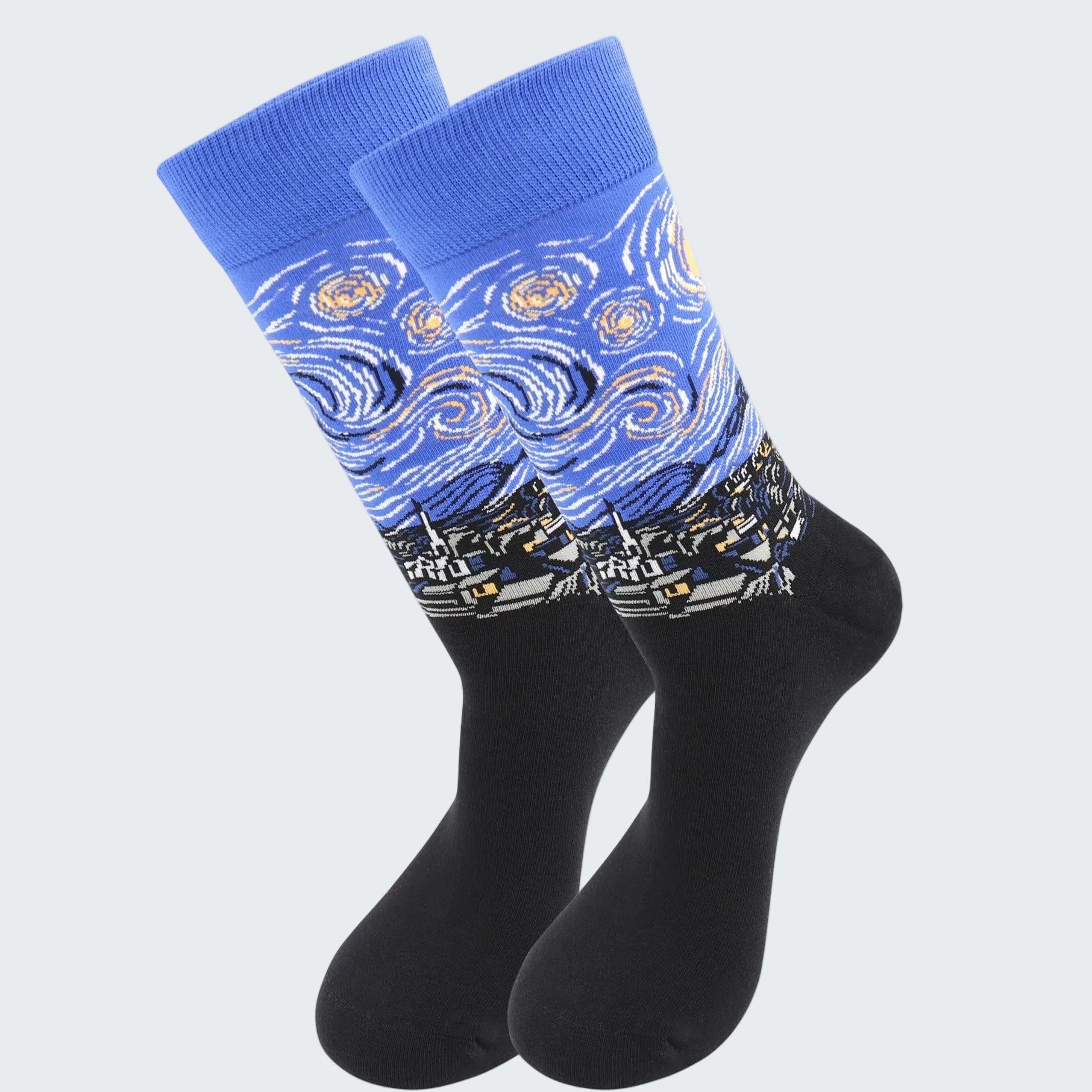 Pair of socks with a blue and black pattern on a white background