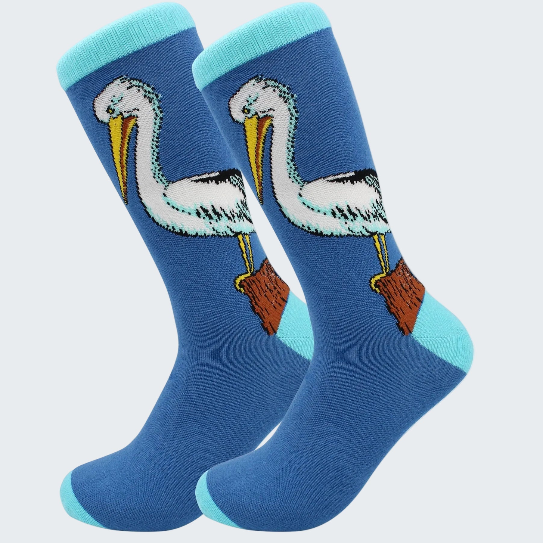 Blue socks with pelican design on a white background