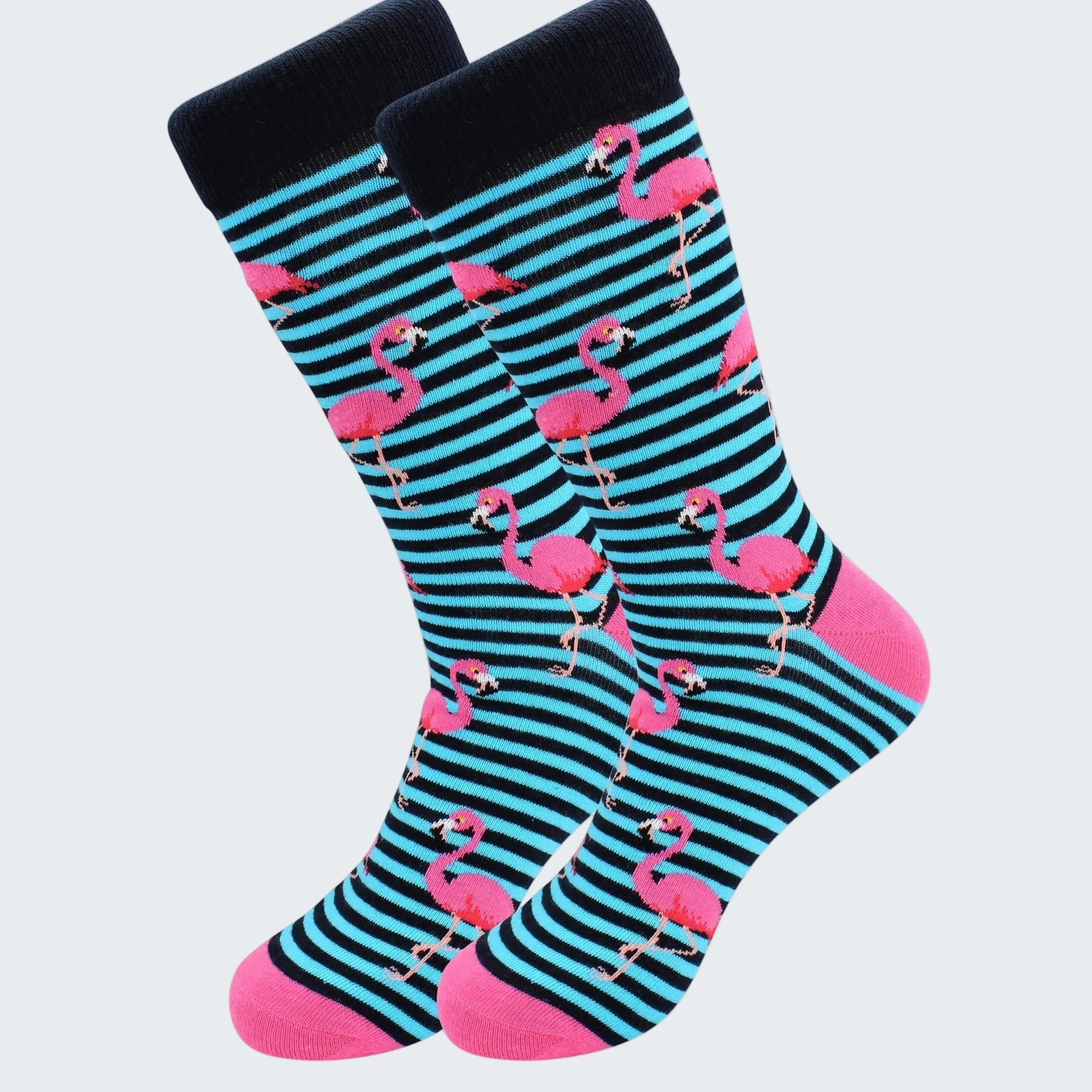 Pair of socks with flamingo pattern on a white background