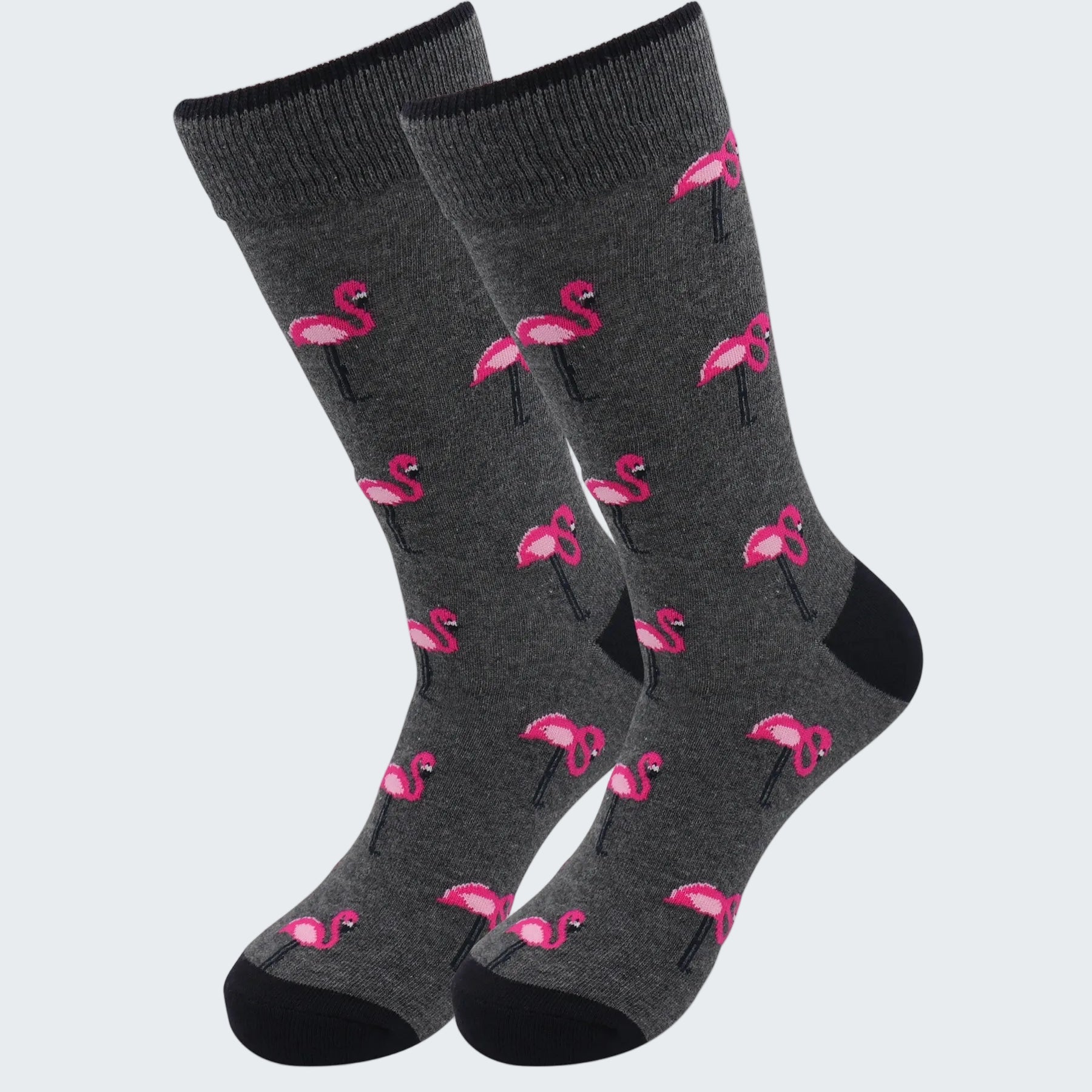 Dark gray socks with pink flamingo pattern on a white background