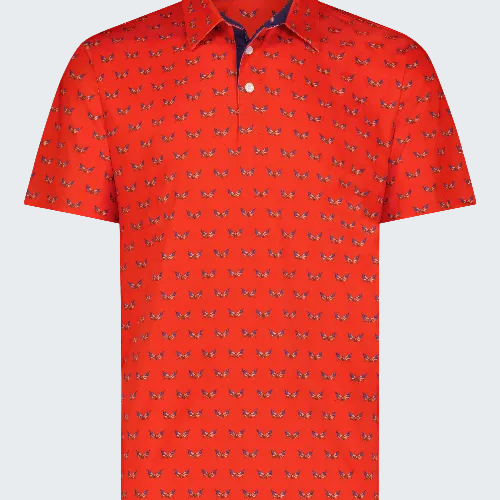 Red patterned polo shirt on a white background