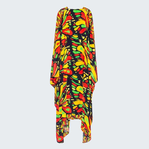 Colorful patterned dress with a black background