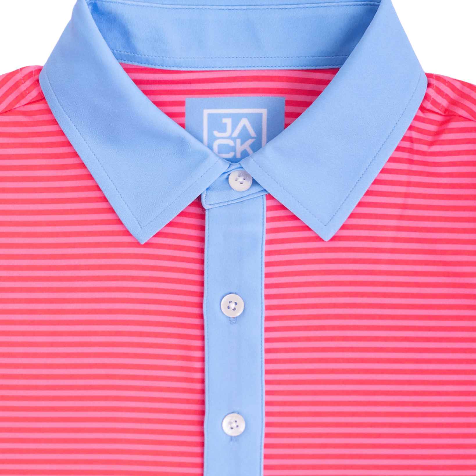 Pink striped polo shirt with blue collar and buttons on a white background