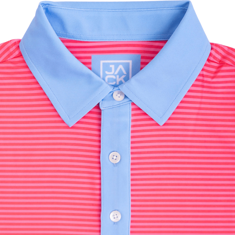 Pink striped polo shirt with blue collar and buttons on a white background