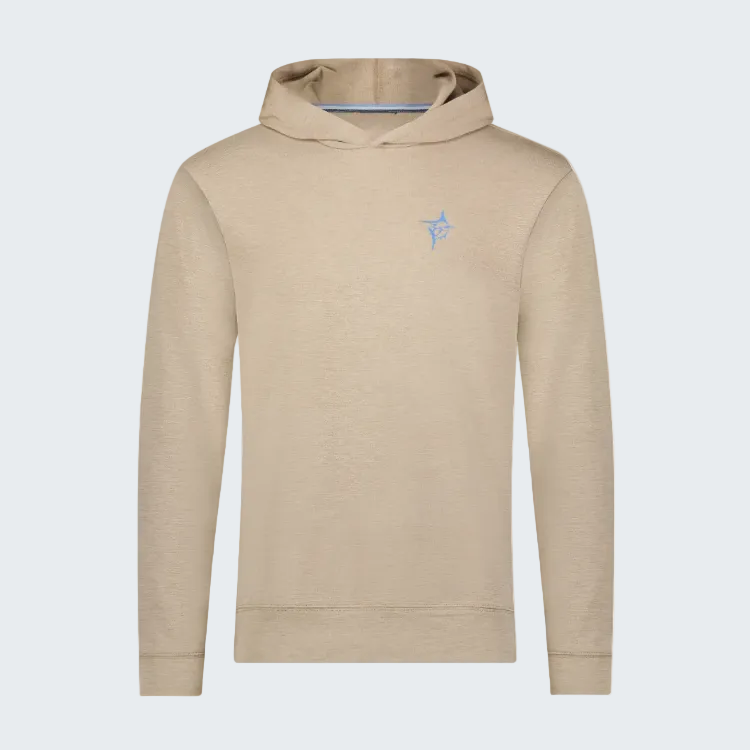 Beige hoodie with a small blue logo on a white background