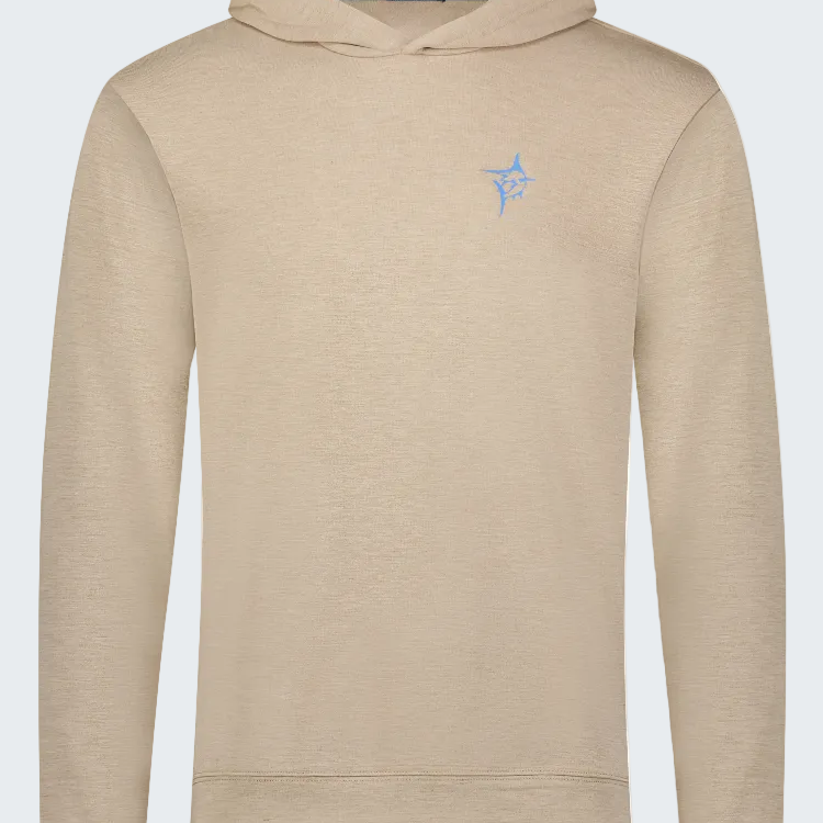 Beige hoodie with a small blue logo on a white background