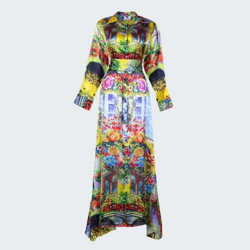 Colorful dress with floral and architectural print on a white background