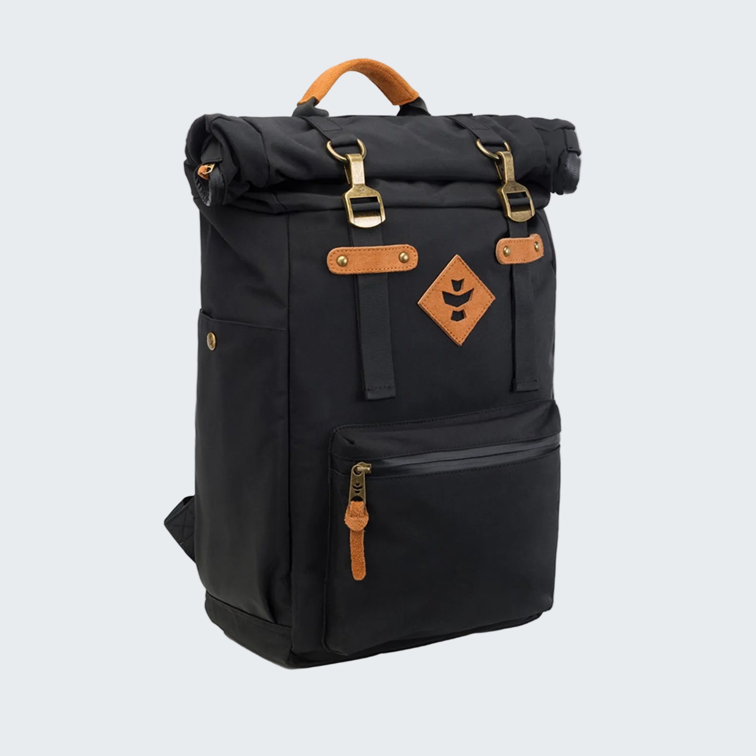 Black backpack with brown accents on a white background