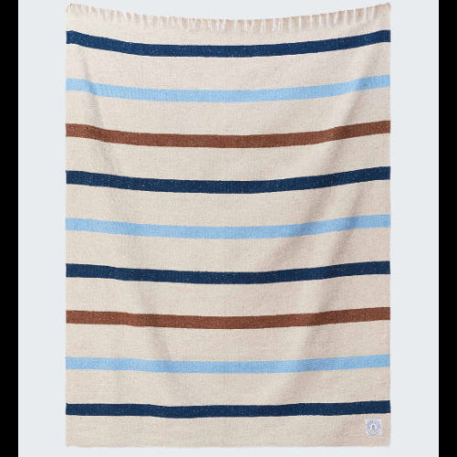 Striped towel with blue, brown, and beige stripes on a white background