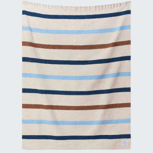 Striped towel with blue, brown, and beige stripes on a white background