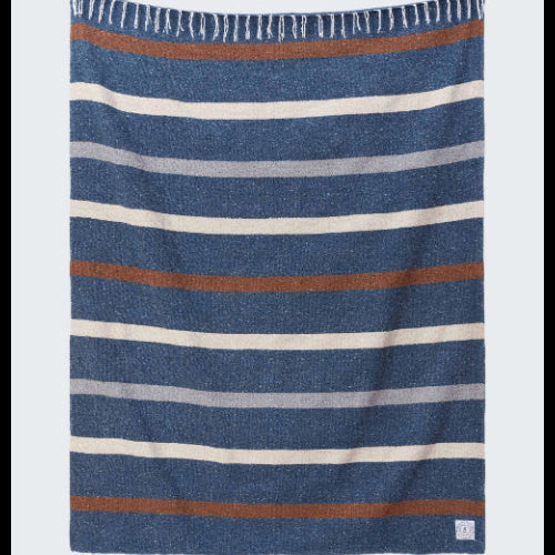 Striped blanket with blue, brown, and white colors on a white background