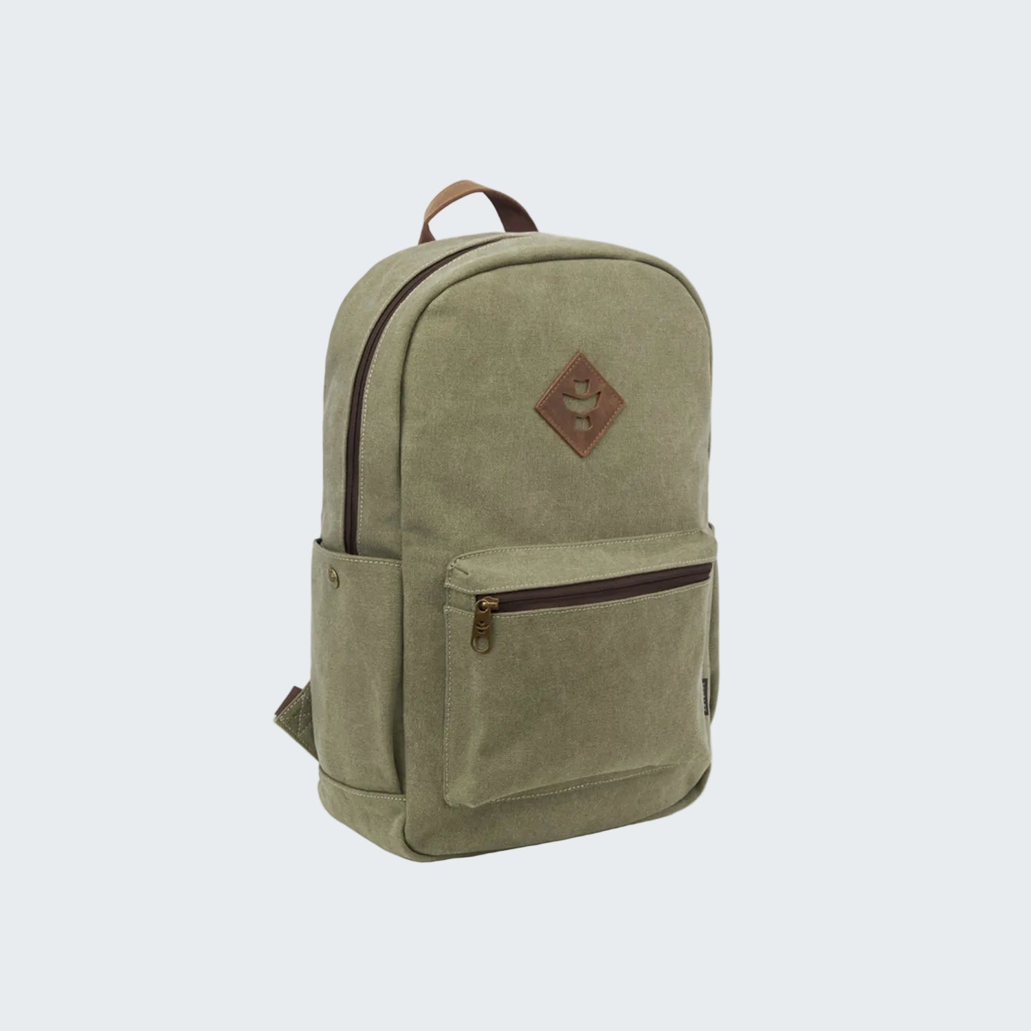 Green backpack with a brown zipper on a white background