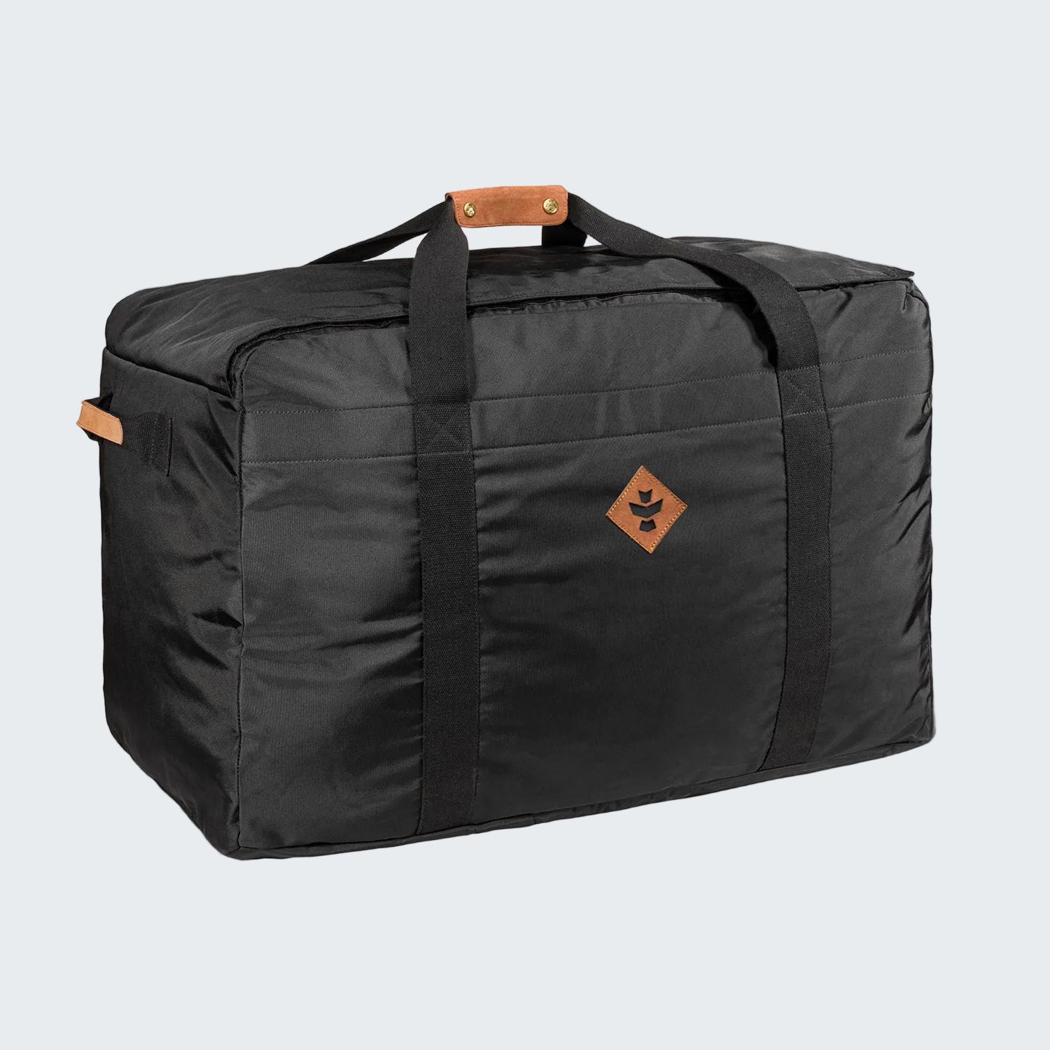 Black duffel bag with a logo on a white background