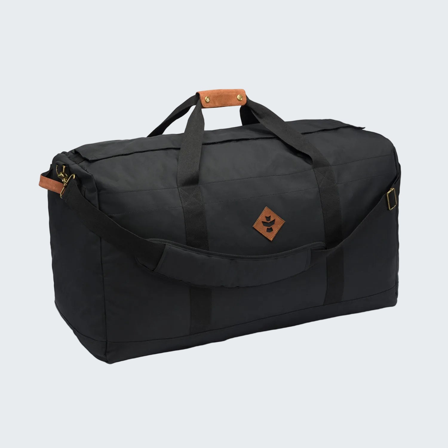 Black duffel bag with brown leather accents on a white background