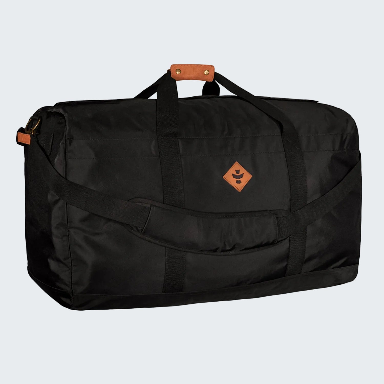 Black duffel bag with brown handles on a white background