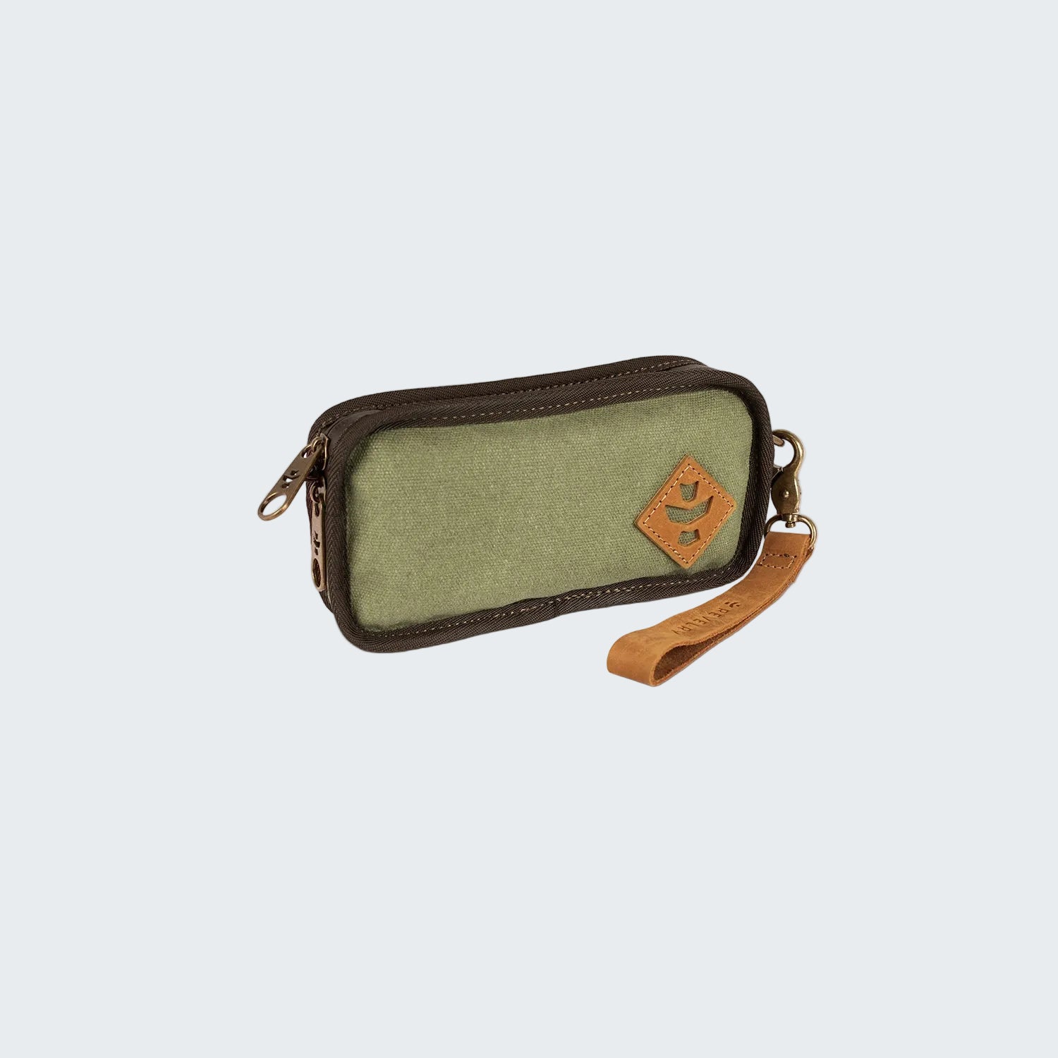 Green fabric pouch with brown leather accents on a white background