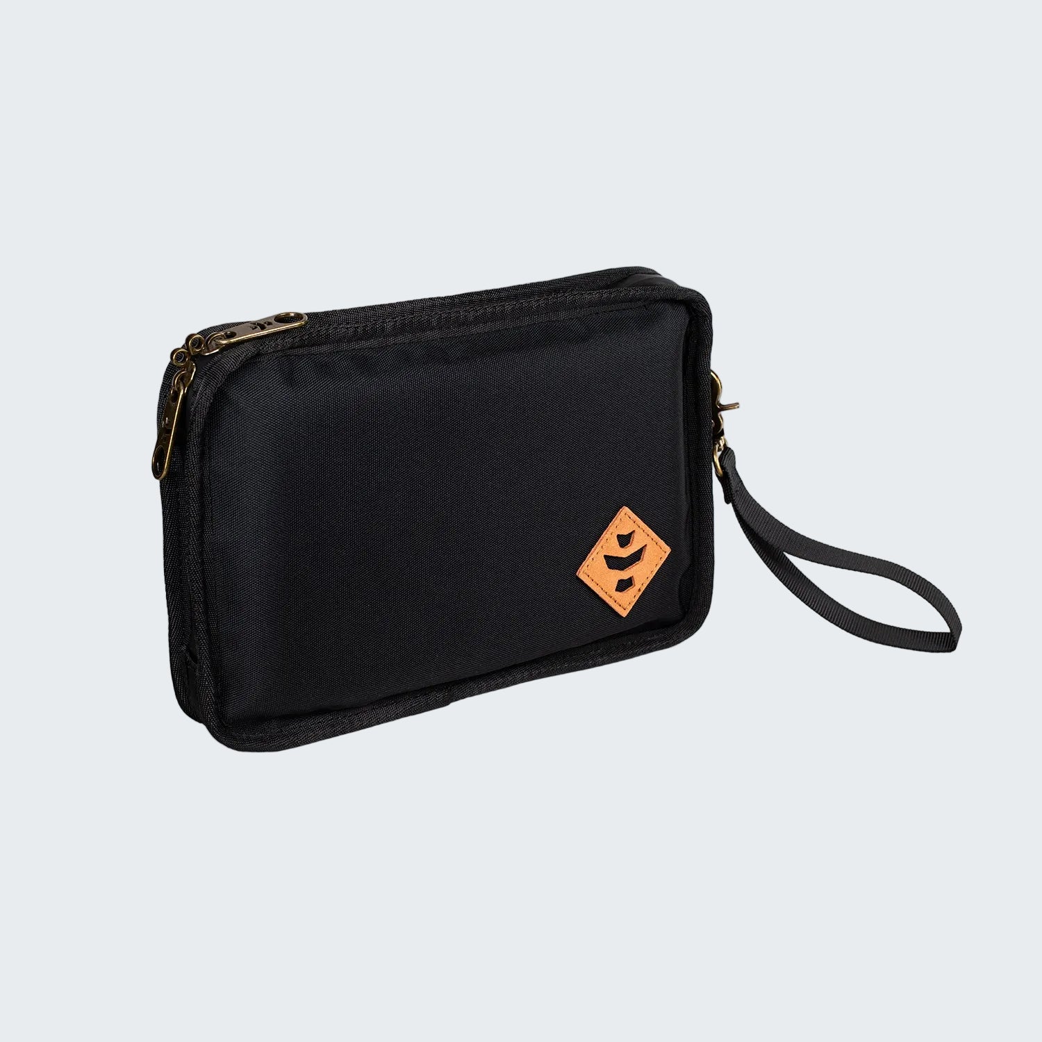 Black wristlet with a logo on a white background