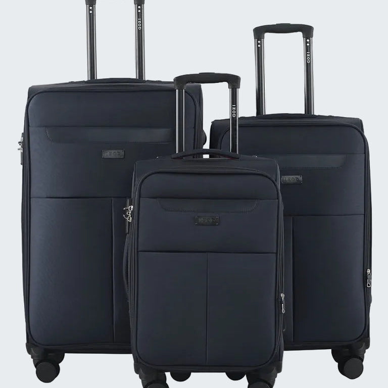 Three black suitcases of different sizes on a white background