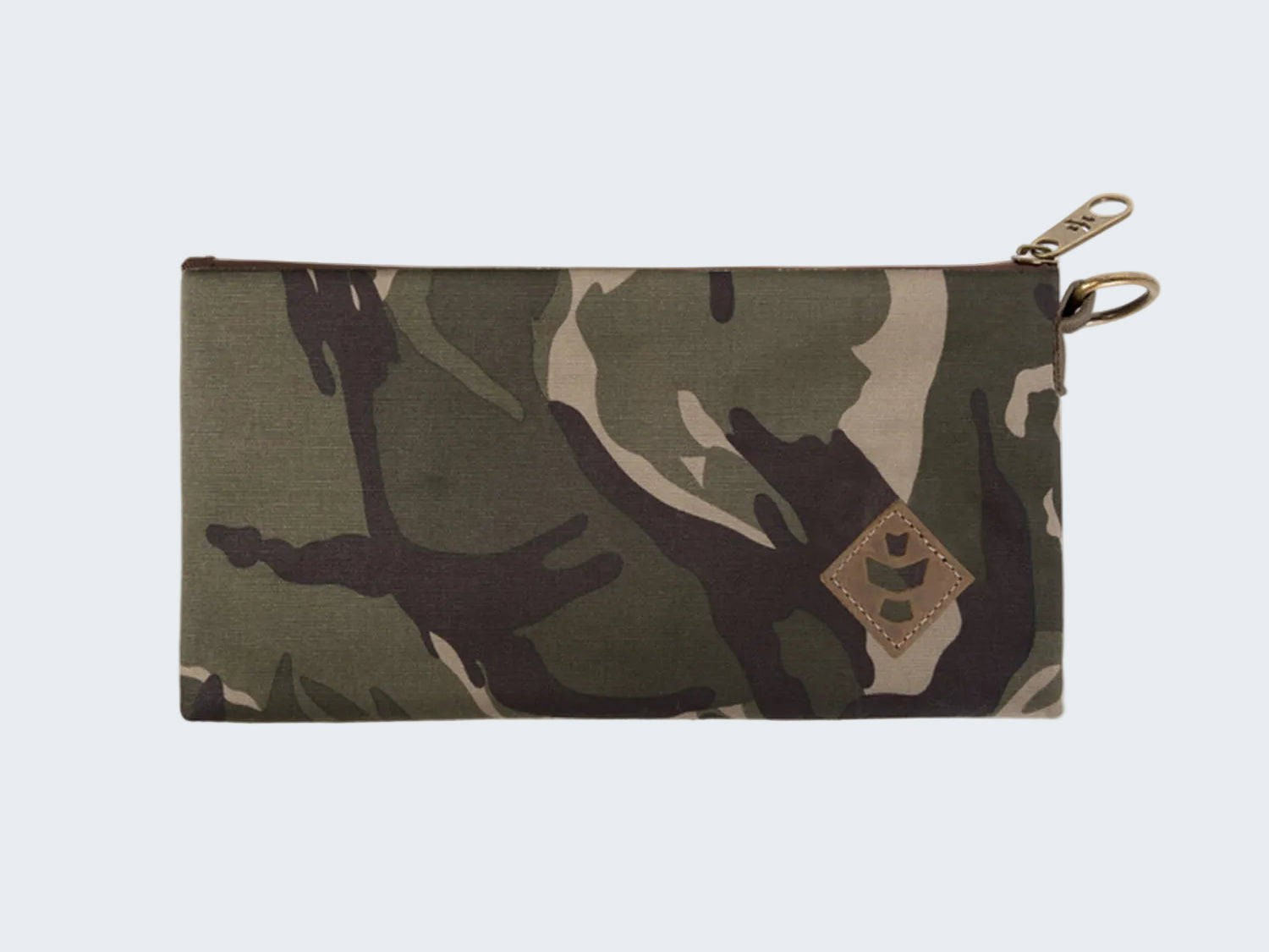 Camouflage pouch with a brand logo on a white background