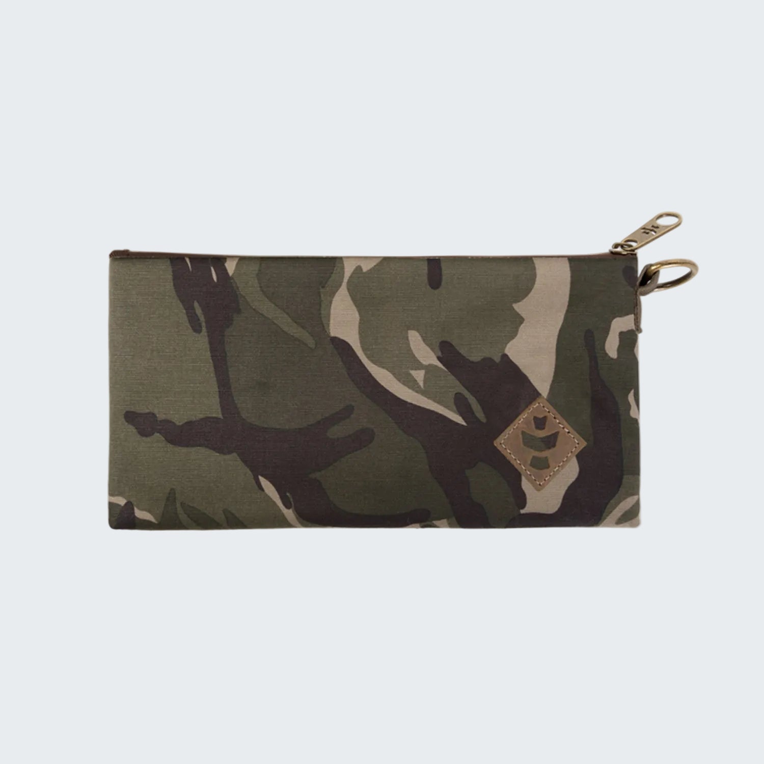 Camouflage pouch with a brand logo on a white background